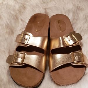 Chinese Laundry Gold double strap slip on sandals